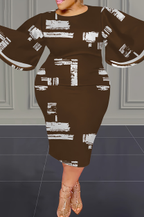 Brown Casual Print Patchwork O Neck Wrapped Skirt Plus Size Dresses