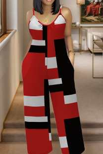 Red Casual Print Pocket Patchwork Spaghetti Strap Plus Size Jumpsuits