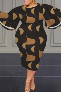 Black Brown Casual Print Patchwork O Neck Wrapped Skirt Plus Size Dresses