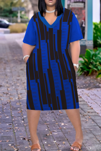 Blue Black Casual Print Pocket Patchwork V Neck Straight Plus Size Dresses