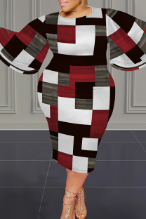 Multicolor Casual Print Patchwork O Neck Wrapped Skirt Plus Size Dresses