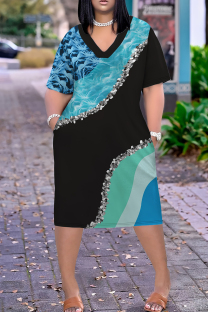 Blue Casual Print Pocket Patchwork V Neck Straight Plus Size Dresses
