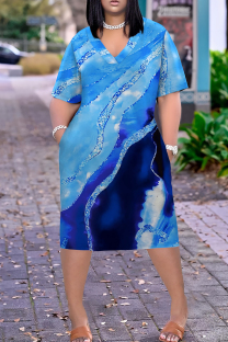 Blue Casual Print Pocket Patchwork V Neck Straight Plus Size Dresses