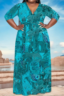 Peacock Blue Elegant Floral Print With Belt V Neck Printed Plus Size Dresses