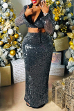 Black Sexy Party Patchwork Sequins Belted Long Sleeve Two Pieces