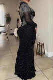 Black Sexy Party Formal Hot Drilling Backless Half A Turtleneck Long Dresses