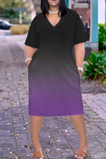 Gray Purple Casual Print Pocket Patchwork V Neck Plus Size Dresses