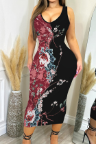 Pink Black Casual Print Patchwork U Neck Wrapped Skirt Dresses