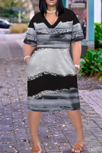 Black And White Casual Print Pocket Patchwork V Neck Plus Size Dresses