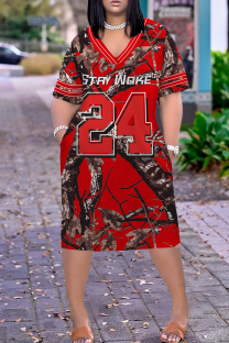 Red Casual Print Pocket Patchwork V Neck Straight Plus Size Dresses