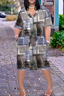 Grey Casual Print Pocket Patchwork V Neck Straight Plus Size Dresses