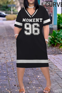 Black Casual Print Pocket Patchwork V Neck Straight Plus Size Dresses