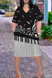 Black And White Casual Print Pocket Patchwork V Neck Straight Plus Size Dresses