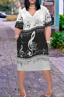 White Casual Print Pocket Patchwork V Neck Straight Plus Size Dresses