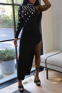 Black Sexy Party Formal Solid Color Slit Hot Drill Half A Turtleneck Long Dresses