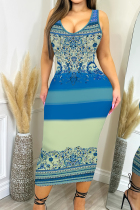 Sky Blue Casual Print Patchwork U Neck Wrapped Skirt Dresses