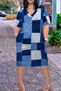 Blue Casual Print Pocket Patchwork V Neck Plus Size Dresses