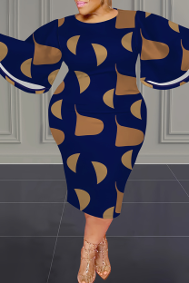 Blue Brown Casual Print Patchwork O Neck Wrapped Skirt Plus Size Dresses
