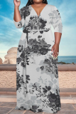 Beige Elegant Floral Print With Belt V Neck Printed Plus Size Dresses