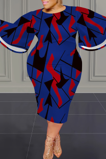 Blue Casual Print Patchwork O Neck Wrapped Skirt Plus Size Dresses