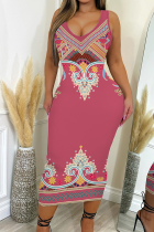 Pink Casual Print Patchwork U Neck Wrapped Skirt Dresses