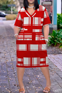 Red Casual Print Pocket Patchwork V Neck Straight Plus Size Dresses