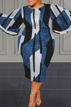 Blue Casual Print Patchwork O Neck Wrapped Skirt Plus Size Dresses