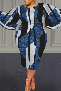 Blue Casual Print Patchwork O Neck Wrapped Skirt Plus Size Dresses