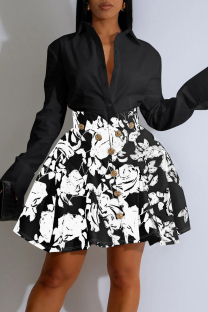 Black Casual Floral Print Buttons Shirt Collar Long Sleeve Two Pieces