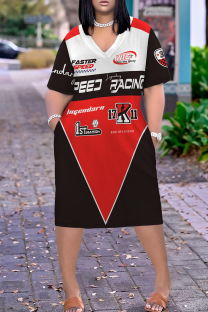 Red Black Casual Print Pocket Patchwork V Neck Straight Plus Size Dresses