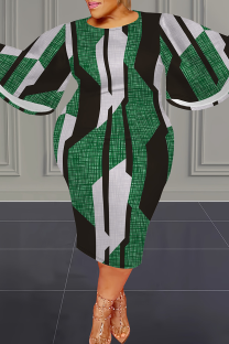 Green Casual Print Patchwork O Neck Wrapped Skirt Plus Size Dresses