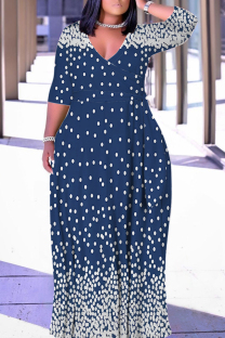 Blue Casual Geometric Print Lace Up Contrast V Neck Printed Plus Size Dresses