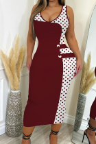 Burgundy Casual Print Patchwork U Neck Wrapped Skirt Dresses