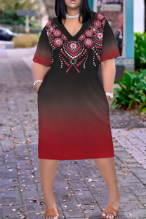 Red Casual Print Pocket Patchwork V Neck Plus Size Dresses
