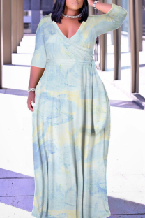 Yellow And Blue Casual Geometric Print Lace Up Contrast V Neck Printed Plus Size Dresses
