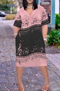 Pink Black Casual Print Pocket Patchwork V Neck Straight Plus Size Dresses