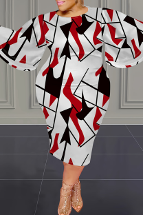 White Casual Print Patchwork O Neck Wrapped Skirt Plus Size Dresses