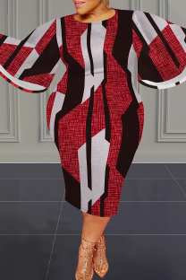 Red Casual Print Patchwork O Neck Wrapped Skirt Plus Size Dresses
