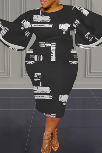 Black Casual Print Patchwork O Neck Wrapped Skirt Plus Size Dresses