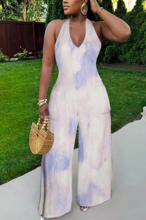 Light Purple Sexy Geometric Print Pocket Lace Up Backless Contrast Halter Loose Jumpsuits