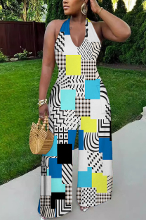 Multicolor Sexy Geometric Print Pocket Lace Up Backless Contrast Halter Loose Jumpsuits