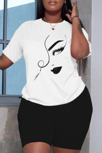 White Casual Print portrait Contrast O Neck Plus Size Two Pieces