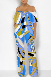 Blue Street Geometric Print Pocket Flounce Off Shoulder Jumpsuits