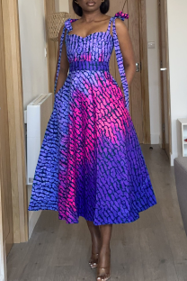 Blue Sexy Print Pocket Patchwork Strap Design Spaghetti Strap Sling Dresses