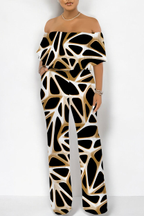 Black Yellow Street Geometric Print Pocket Flounce Off Shoulder Jumpsuits