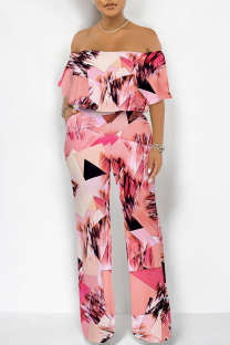Pink Street Geometric Print Pocket Flounce Off Shoulder Jumpsuits