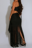 Gold Sexy Elegant Solid Color Hollow Out Backless Fringed Hem Oblique Collar Wrapped Skirt Dresses