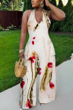 Black And White Sexy Geometric Print Pocket Lace Up Backless Contrast Halter Loose Jumpsuits