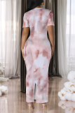 Pink Casual Gradient Print Flowers Contrast O Neck Printed Dresses