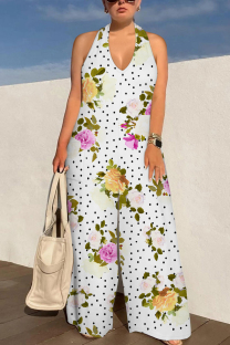 White Sexy Floral Print Pocket Lace Up Backless Contrast Loose Jumpsuits